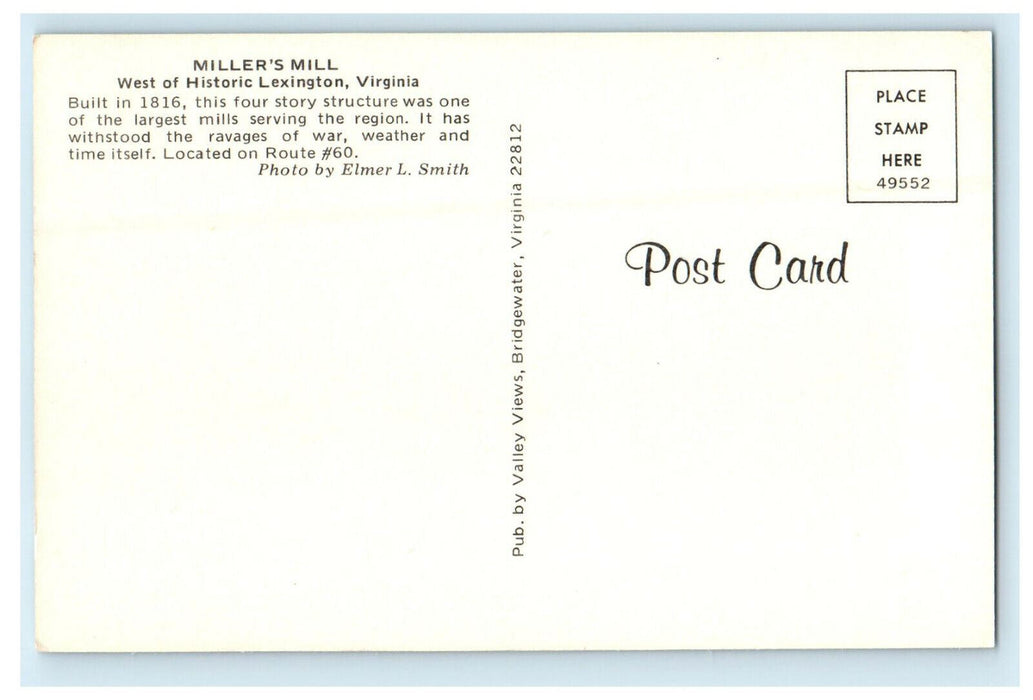 c1960s Miller's Mill West of Historic Lexington's Virginia VA Postcard