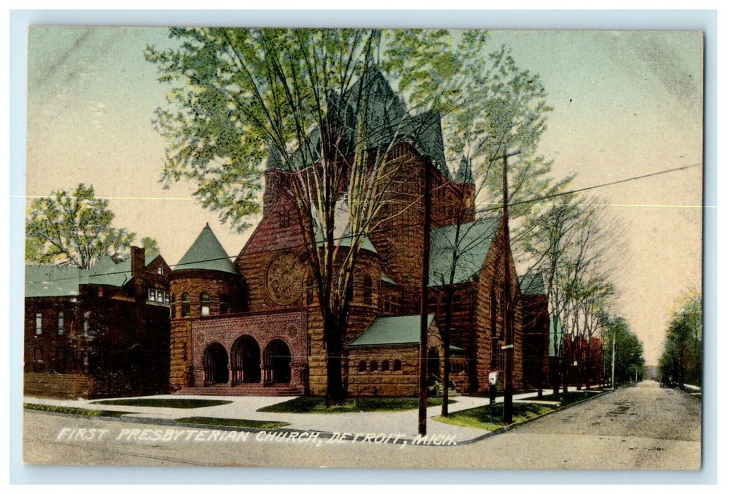 First Presbyterian Church Street View Detroit Michigan MI Antique Postcard