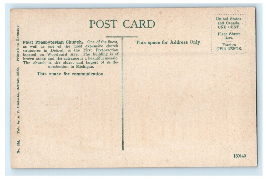 First Presbyterian Church Street View Detroit Michigan MI Antique Postcard