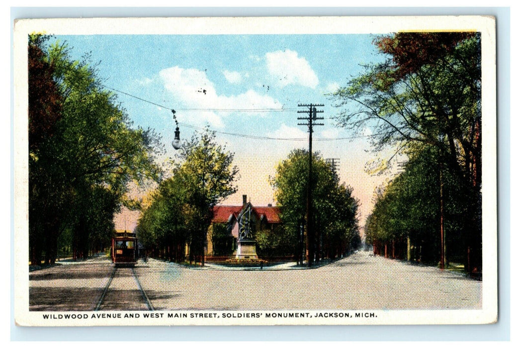 Wildwood Ave. West Main St. Soldiers Monument Jackson Michigan 1916 Postcard