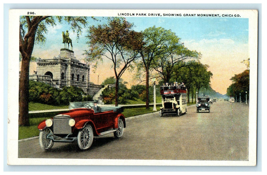 c1920s Lincoln Park Drive Showing Grant Monument Chicago Illinois IL Postcard