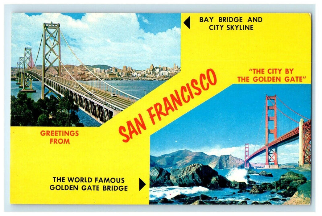 Greetings From San Francisco California CA Bridge Views Unposted Postcard