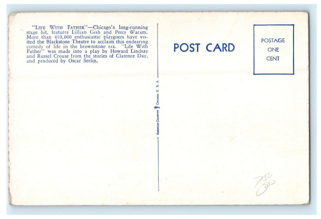 c1920s Life With Father Blackstone Theatre Chicago Illinois IL Postcard