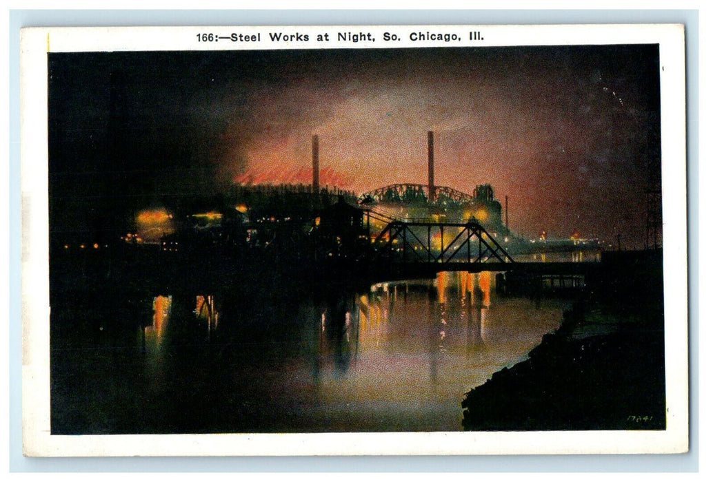 c1920s Steel Works at Night South Chicago Illinois IL Unposted Postcard