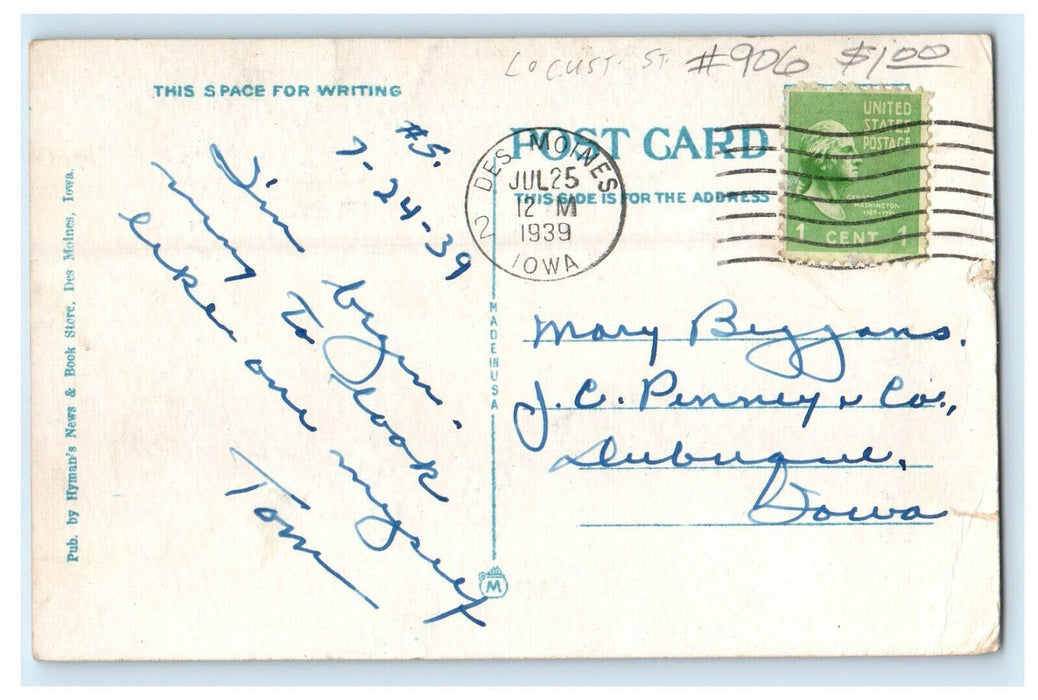 1939 River Front View, Des Moines Iowa IA Vintage Posted Postcard