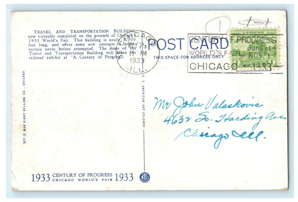 1933 Travel and Transportation Building, Chicago World's Fair Cancel Postcard
