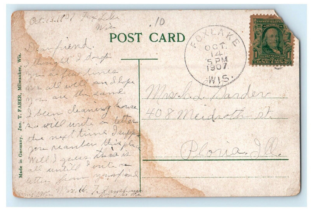 1907 High School Building Fox Lake Wisconsin WI Posted Antique Postcard