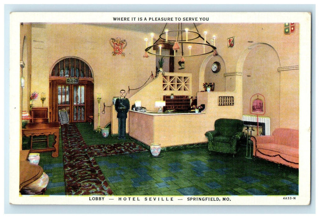 1952 Lobby Interior of Hotel Seville Springfield Missouri MO Postcard