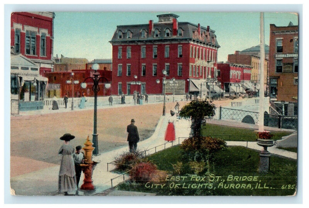 c1910's East Fox St. Bridge City Of Lights Aurora Illinois IL Antique Postcard
