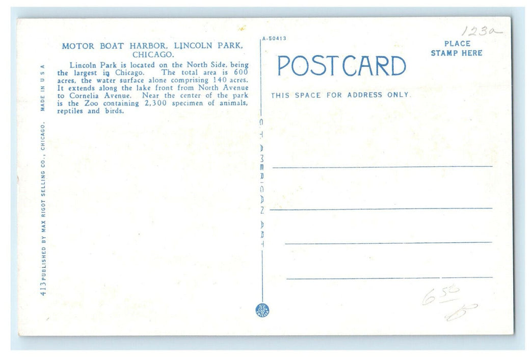 c1920s Motor Boat Harbor, Lincoln Park, Chicago Illinois IL Postcard