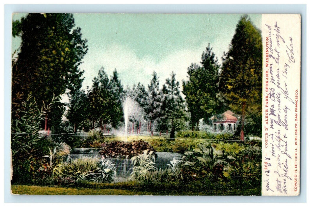 1908 Coeur D' Alene Park Fountain Spokane Washington WA Posted Antique Postcard