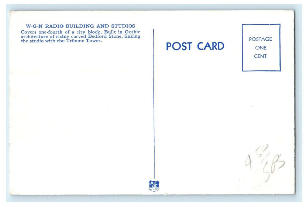 c1920s WGN Studios Tribune Square Chicago Illinois IL Unposted Postcard