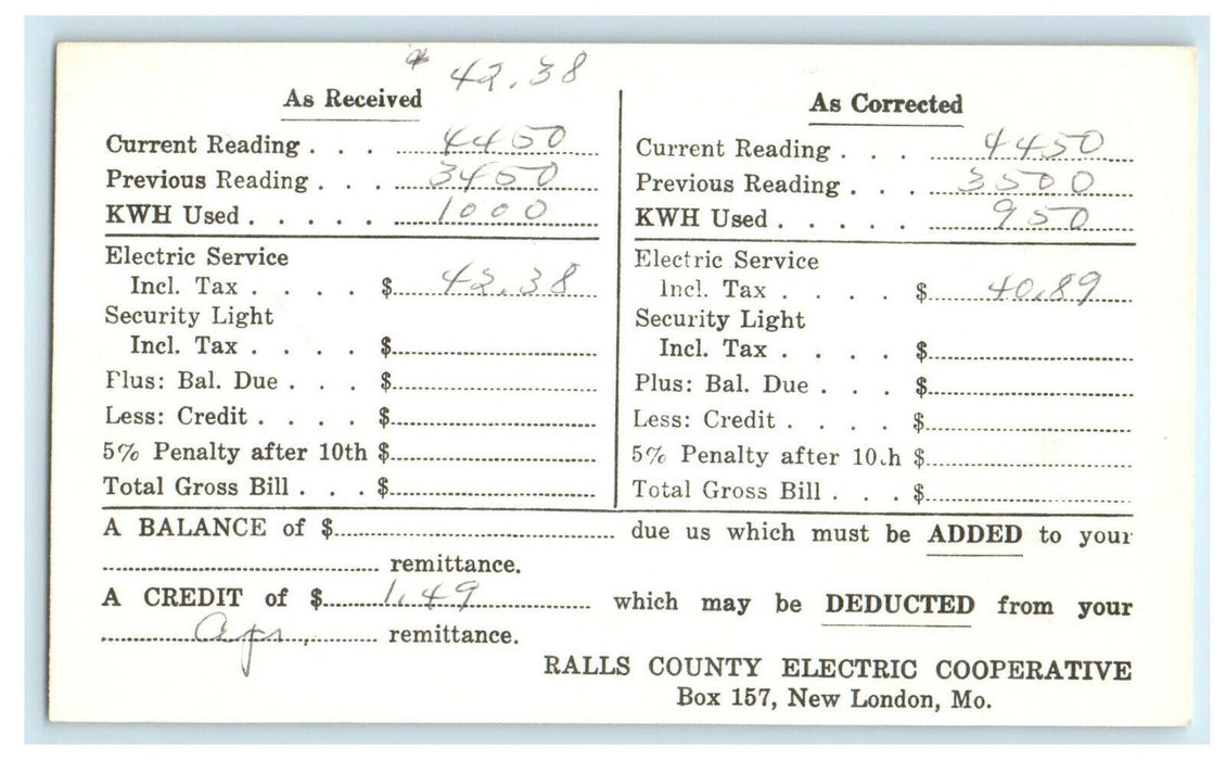 c1920s Balls County Electric Cooperative Electric Bill New London MO Postcard