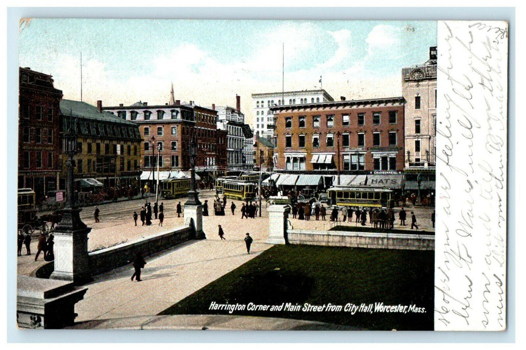 1907 Main Street from City Hall, Worcester, Massachusetts MA Postcard