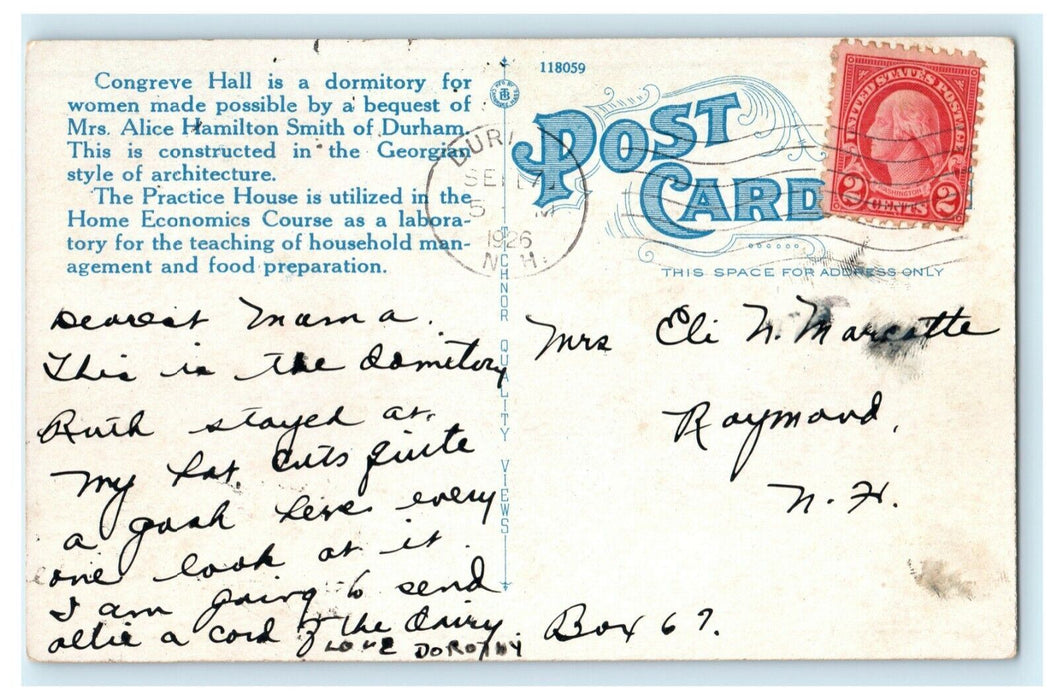 1926 Congreve Hall Home Economics House University New Hampshire Durham Postcard