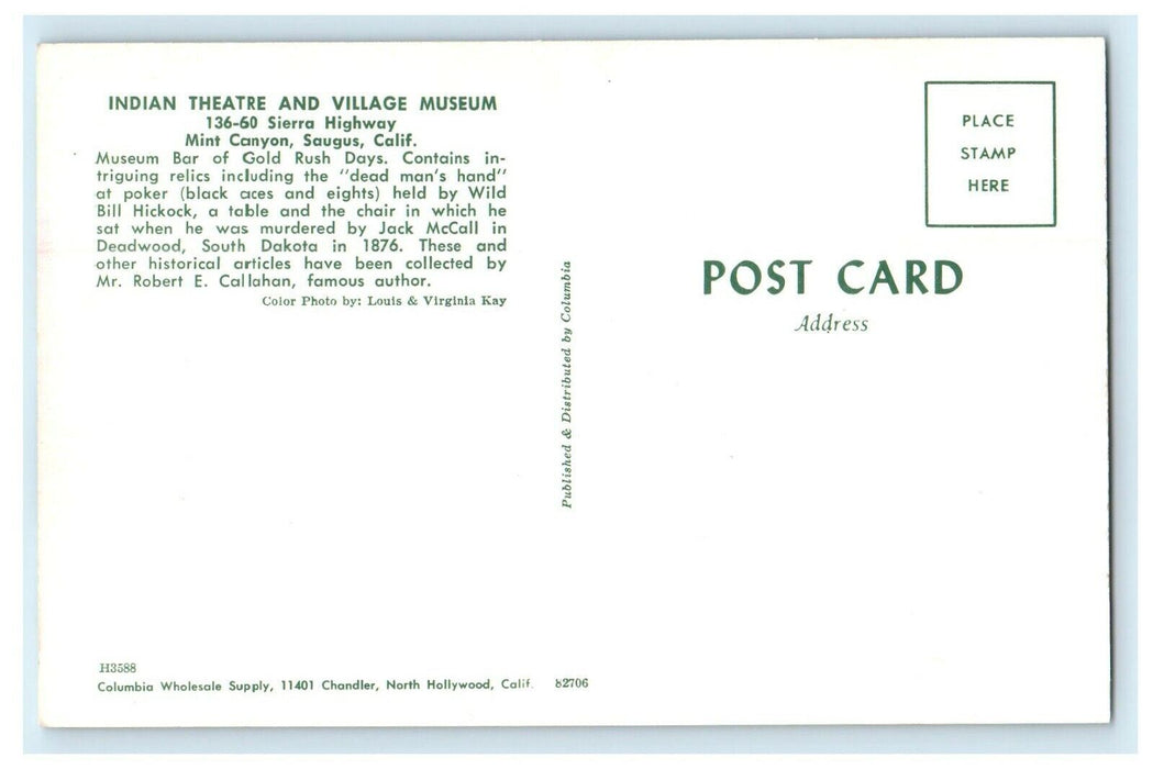 Indian Theatre And Village Museum Outlaw Saloon Saugus California CA Postcard