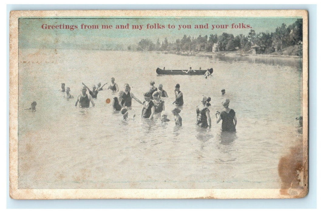 Greetings Lake Swimsuit 1921 Canoe Greigsville New York Vintage Antique Postcard