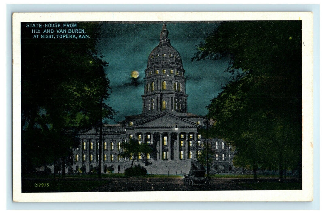 1930 State House Night Topeka Kansas KS Lawrence #658 Kans. Stamp Postcard