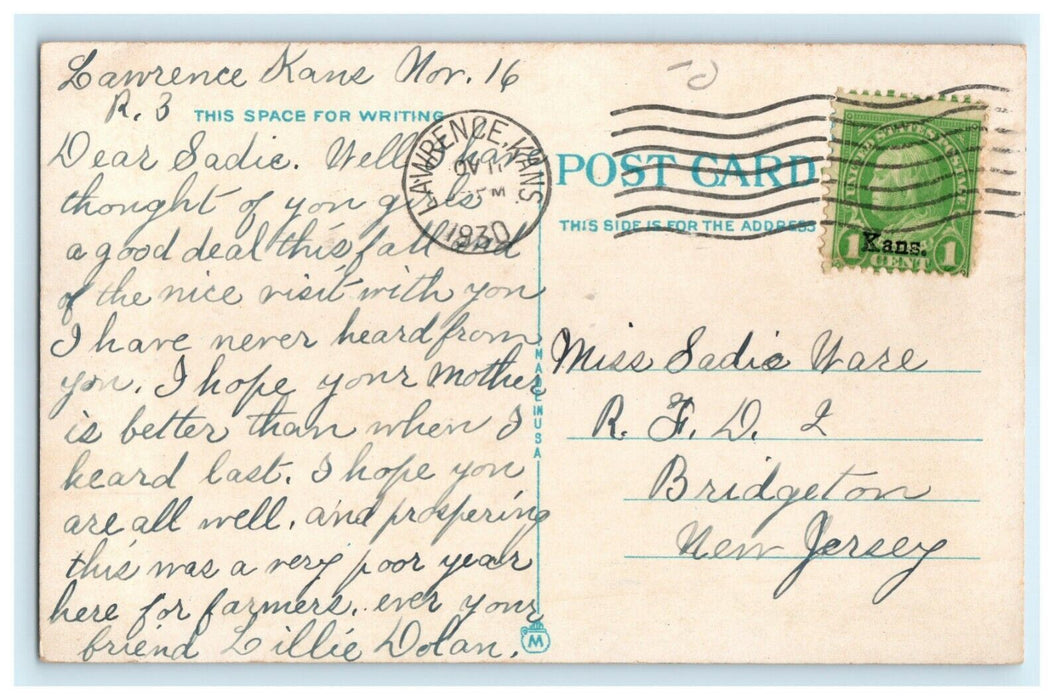 1930 State House Night Topeka Kansas KS Lawrence #658 Kans. Stamp Postcard