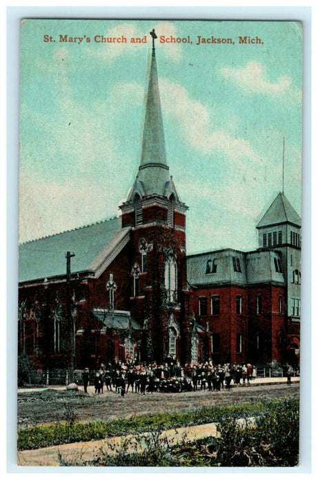 St. Mary's Church and School Jackson Michigan 1914 Antique Vintage Postcard