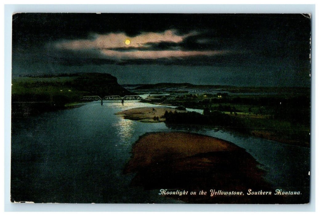 1916 Moonlight On Yellowstone Bridge Scene Southern Montana MT Antique Postcard
