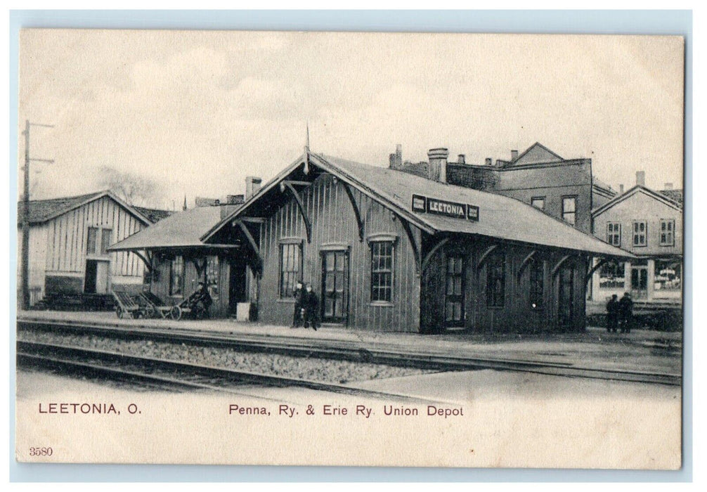 c1905 Penna RY. & Erie RY. Union Depot Railroad Train Leetonia Ohio OH Postcard