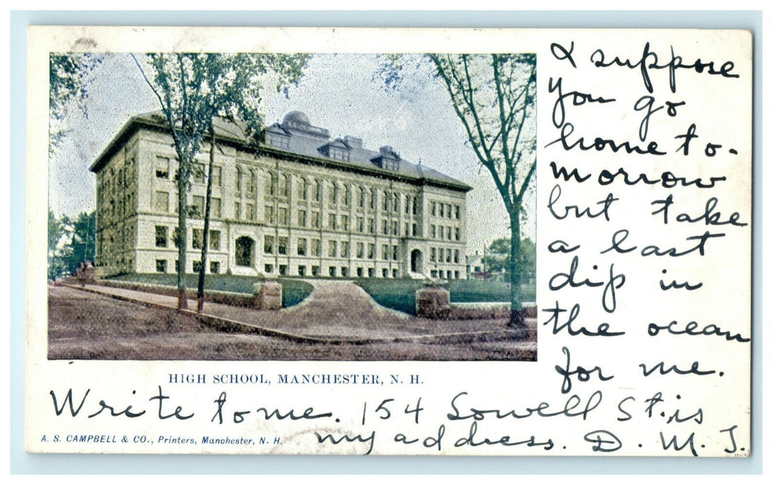 1905 High School Manchester New Hampshire NH York Beach Postcard