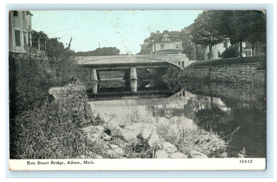 Erie Street Bridge Albion Michigan 1912 Wauseon Ohio Vintage Antique Postcard