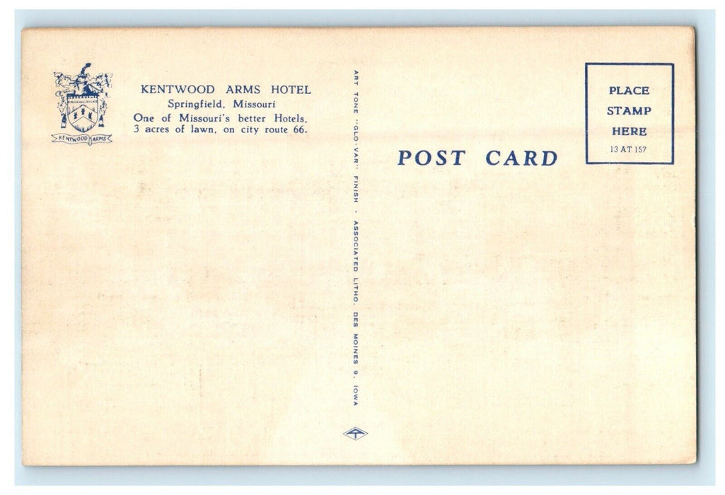 c1940's The Kentwood Arms Hotel Springfield Missouri MO Vintage Postcard