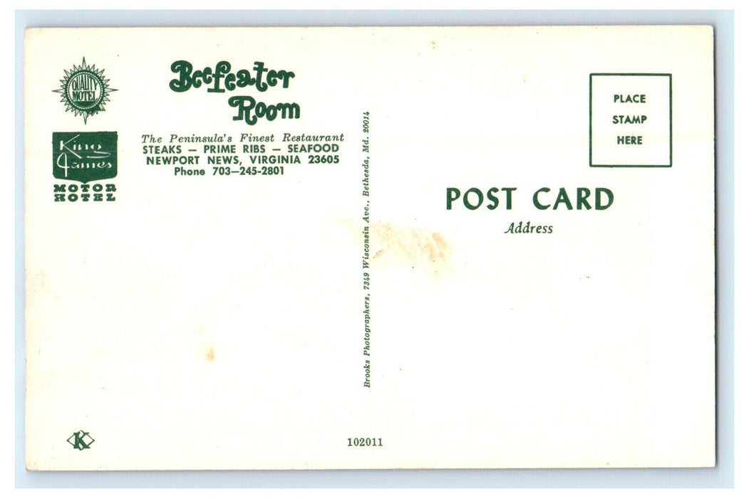 King James Motor Hotel Beefeater Room Restaurant Newport News VA Postcard