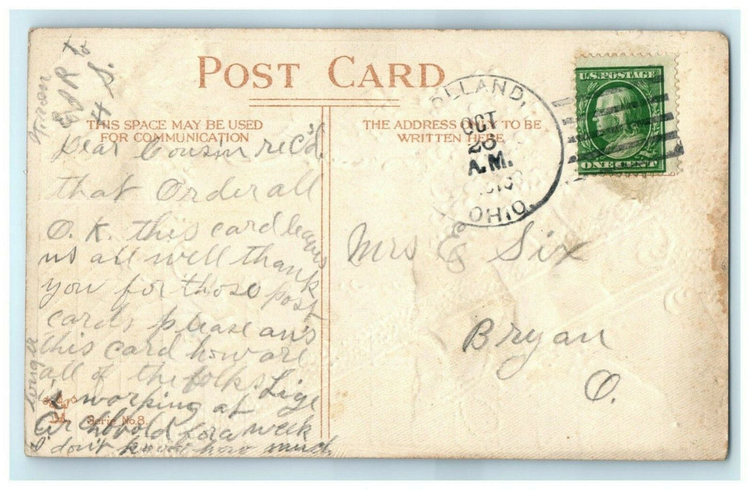 Affectionately Yours Holland Ohio 1910 Bryan Embossed Rare Antique Postcard