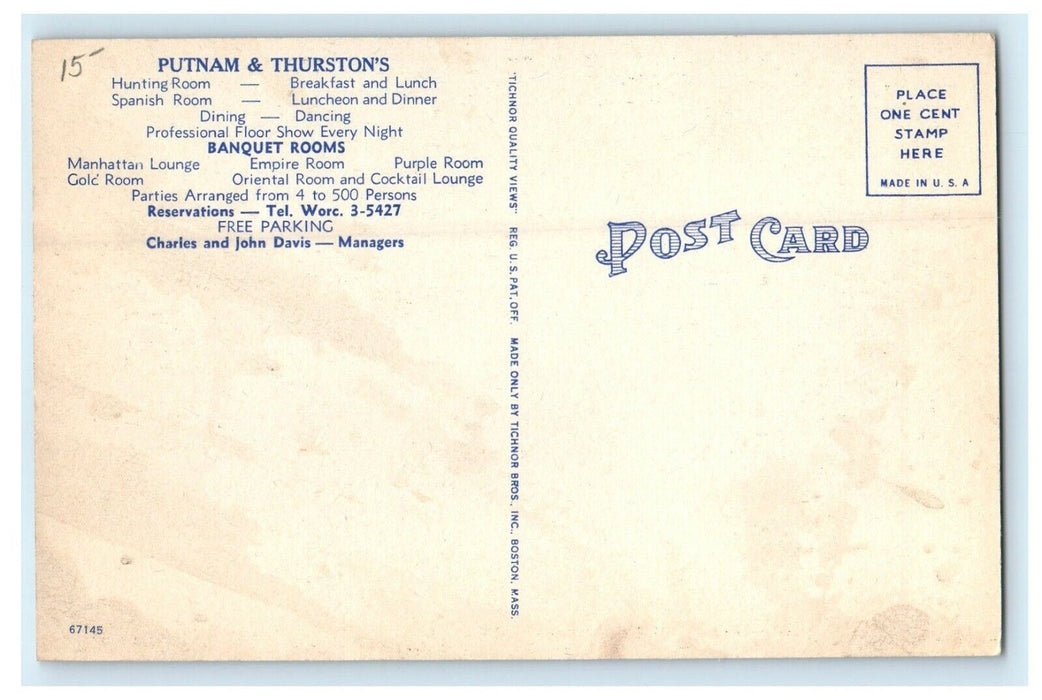 1930 Putnam and Thurston's Restaurant, Worcester Massachusetts MA Postcard