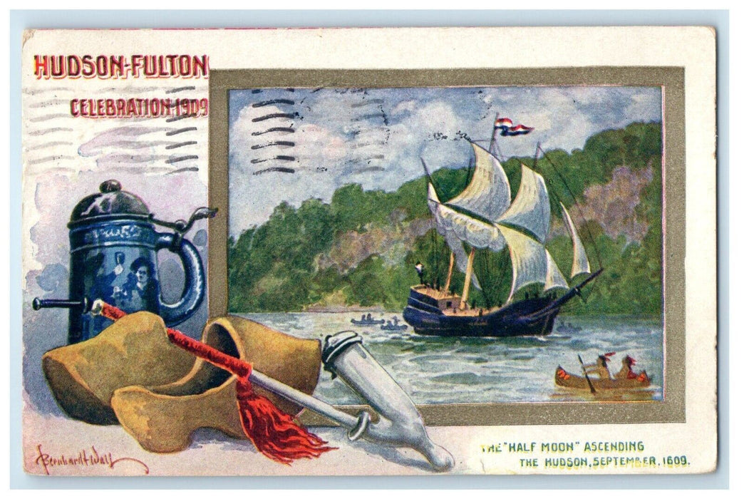 1909 Hudson Fulton Celebration The Half Moon Ascending Boat Canoeing NY Postcard