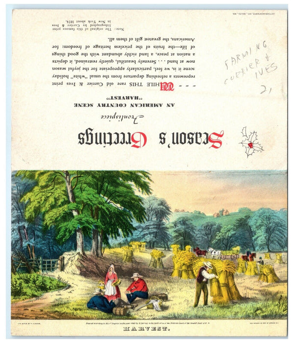 Christmas Greeting Harvest Currier and Ives Painting Art Farming Postcard