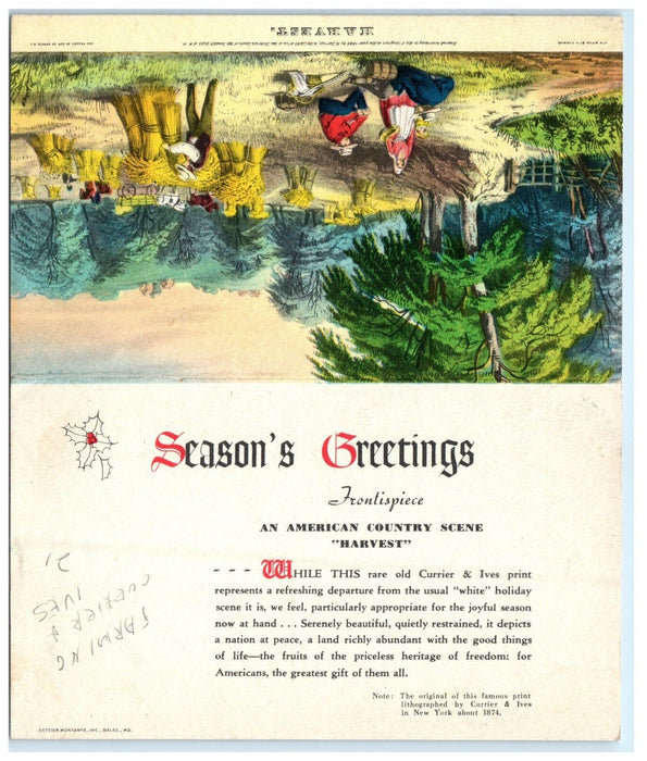 Christmas Greeting Harvest Currier and Ives Painting Art Farming Postcard