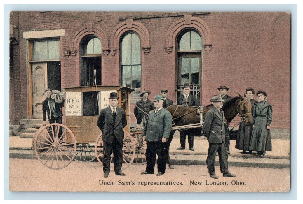 1908 Uncle Sam's Representatives Horse Carriage New London Ohio OH Postcard