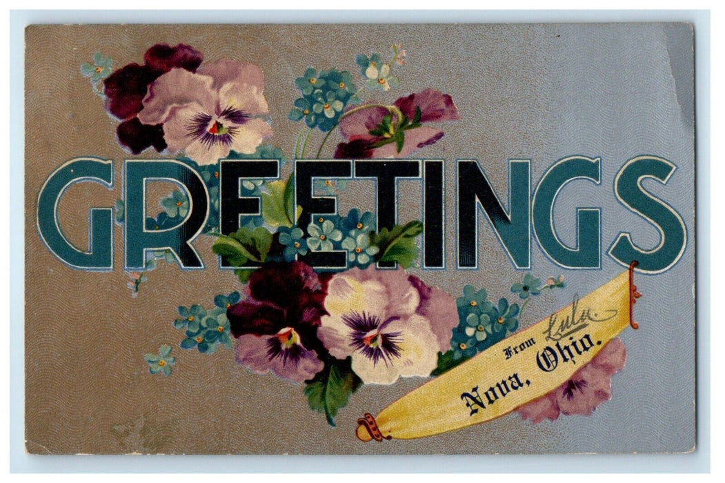 1909 Greetings From Nova Ohio OH, Large Letters Flowers Antique Postcard