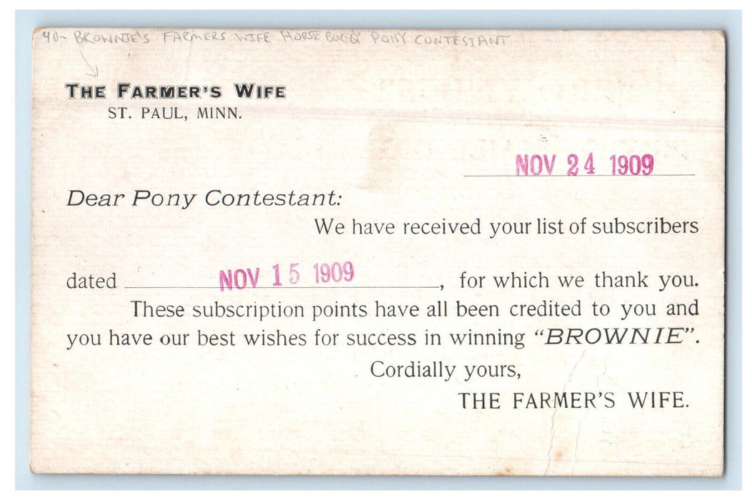 1909 Brownie's Farmers Wife Horse Buggy Pony Contestant St. Paul MN Postcard