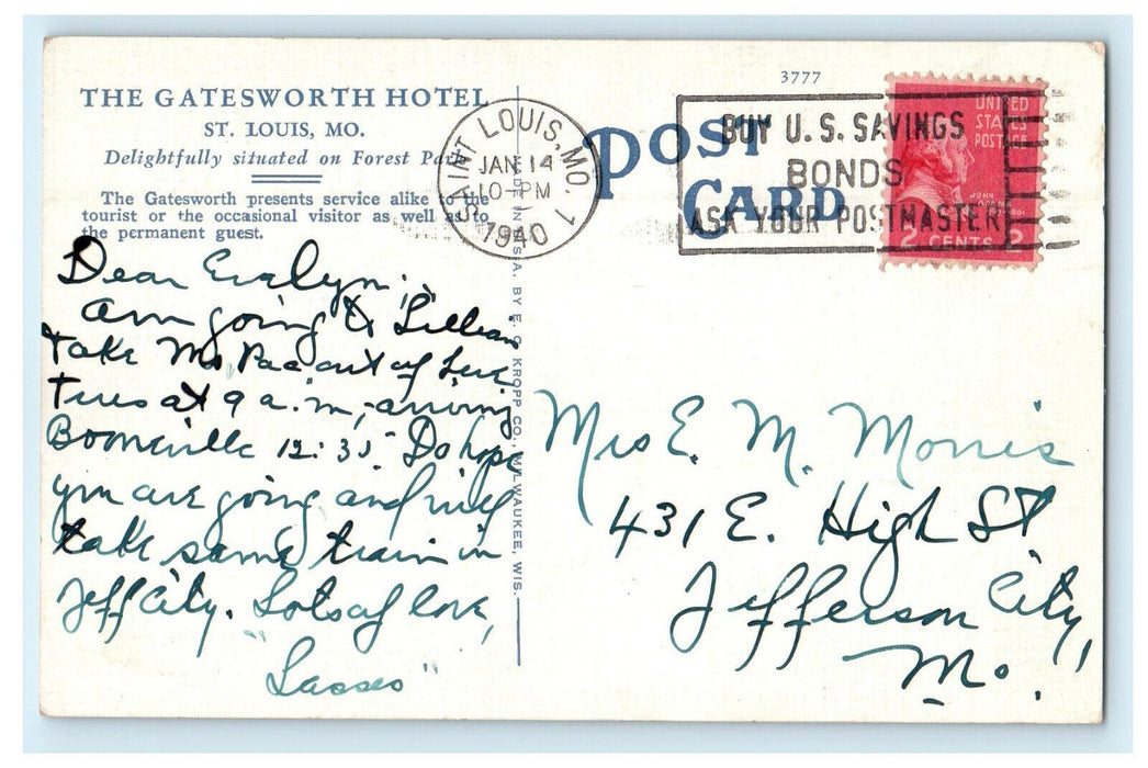 1940 Gatesworth Hotel, Union Boulevard St. Louis Missouri MO Cancel Postcard