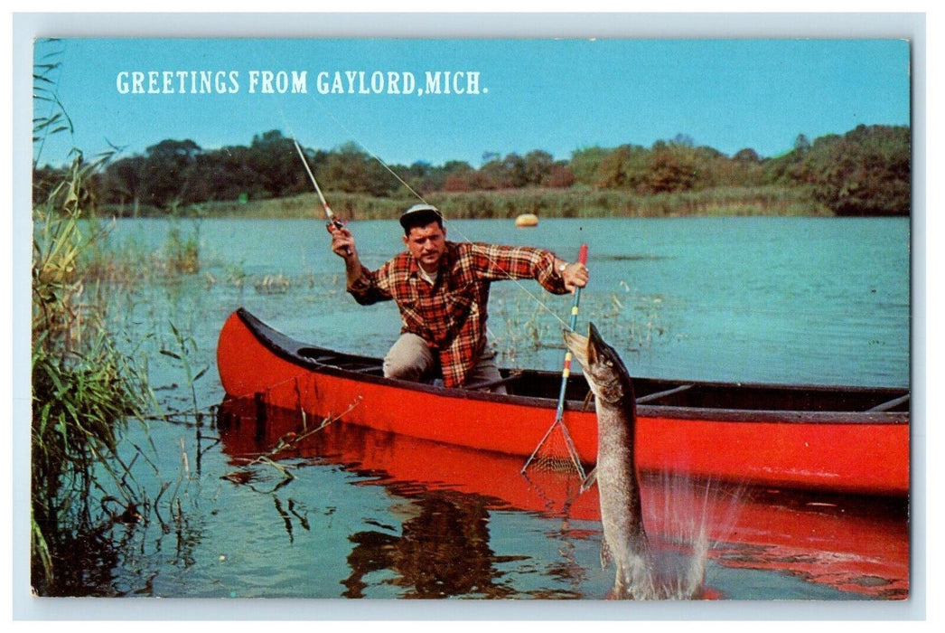 c1950's Greetings From Gaylord Michigan MI, Boy Canoeing Catched Fish Postcard