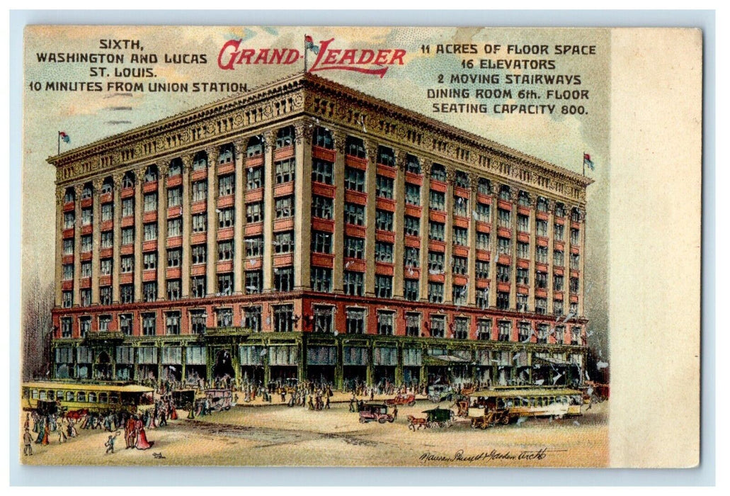 1909 Grand Leader Building Trolley Cars St. Louis Missouri MO Antique Postcard