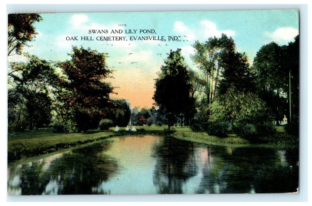 Swan and Lily Pond Oak Hill Cemetery Evansville Indiana 1908 Antique Postcard