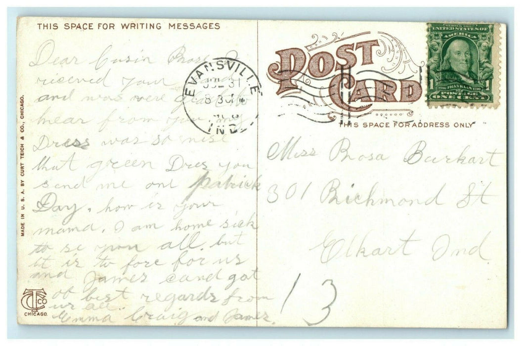 Swan and Lily Pond Oak Hill Cemetery Evansville Indiana 1908 Antique Postcard