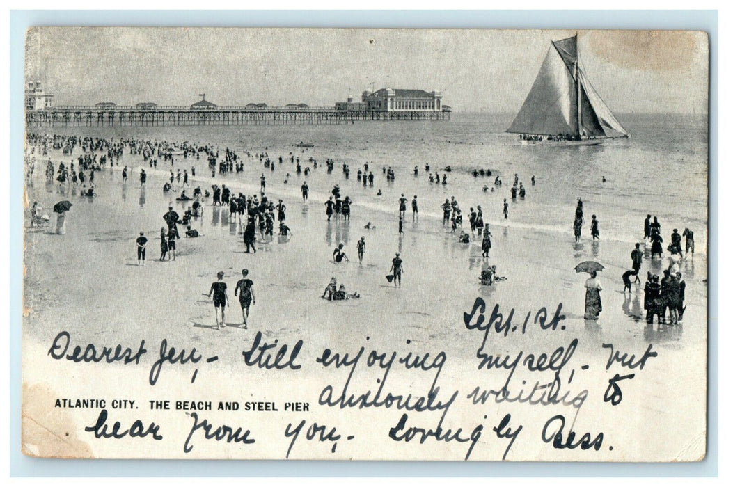 1902 Beach Steel Pier Atlantic City New Jersey NJ Bathers Sailboat Postcard