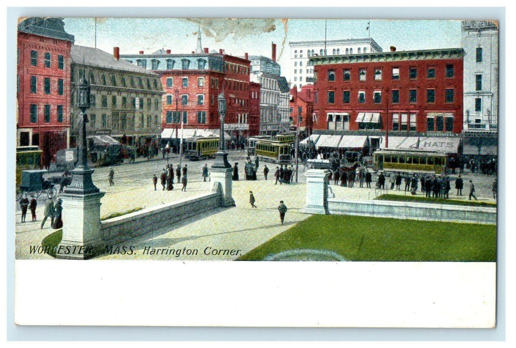 1906 Harrington Corner, Worcester, Massachusetts MA Antique Posted Postcard