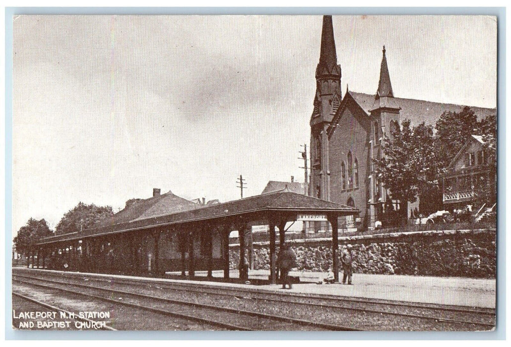 c1905 Lakeport New Hampshire Station and Baptist Church Antique Postcard
