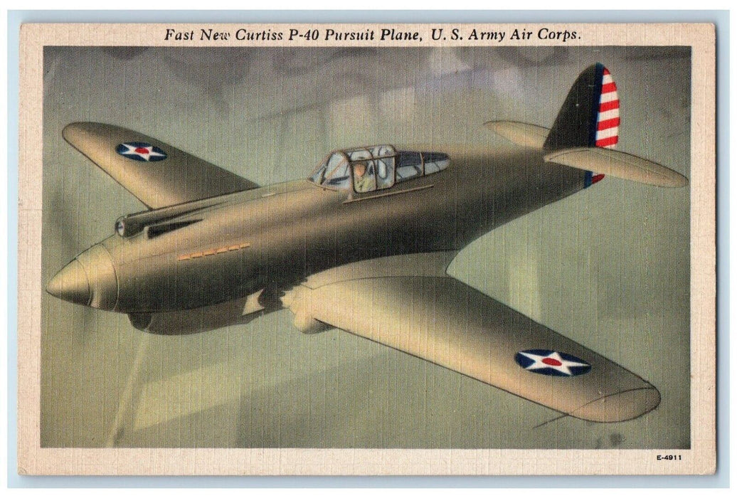 c1940's Curtiss P-40 Pursuit Airplane US Army Air Corps Unposted Postcard