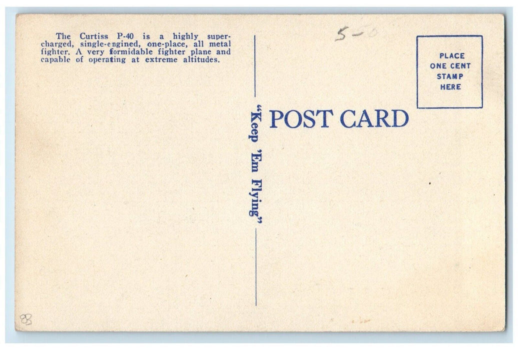 c1940's Curtiss P-40 Pursuit Airplane US Army Air Corps Unposted Postcard