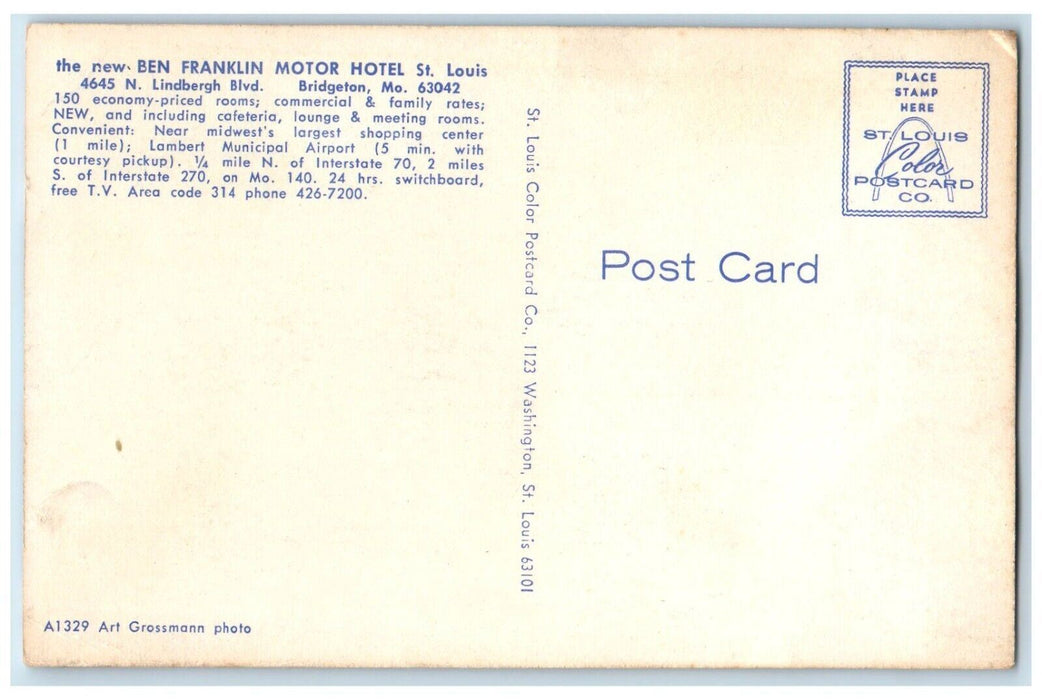 c1960's New Ben Franklin Motor Hotel St. Louis Bridgeton Missouri MO Postcard