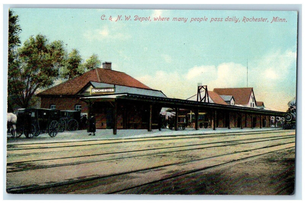 c1910 Train, Horse Carriage, C & NW Depot, Rochester Minnesota MN Postcard